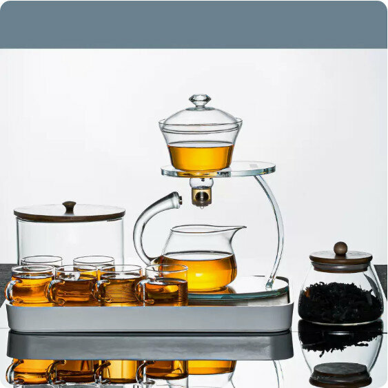 爆款家用辦公室玻璃茶具套裝【亮色《一輪明月》透明杯+圓潤罐+竹蓋茶洗+大長方密胺盤】