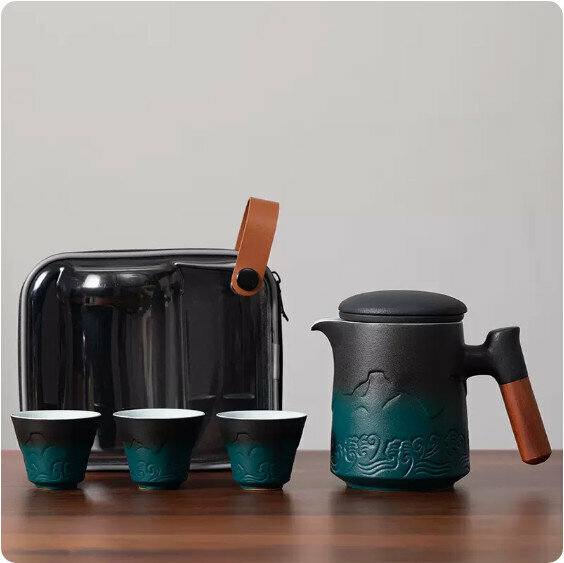 爆款戶外便攜式茶具套裝【漸變綠《山海行》-一壺三杯】