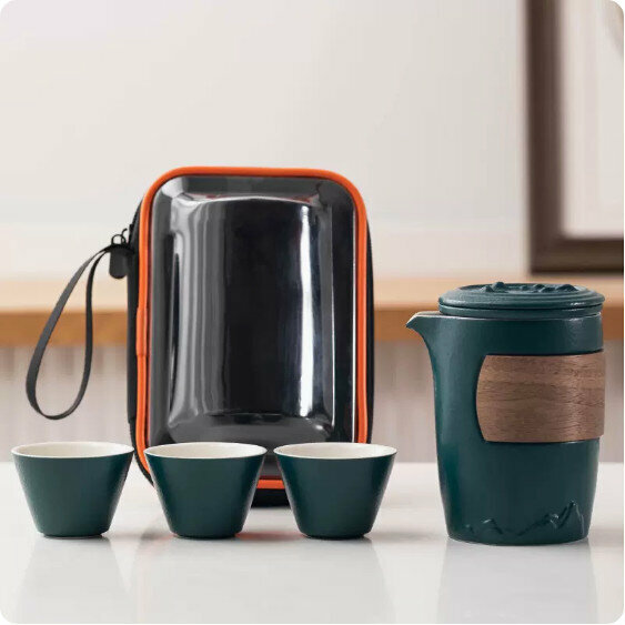 爆款戶外便攜式茶具套裝【綠陶《觀山》一壺三杯】
