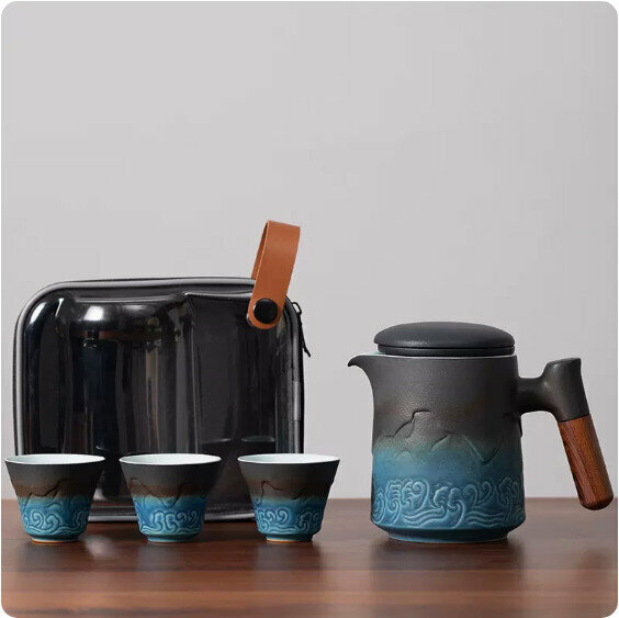 爆款戶外便攜式茶具套裝【漸變藍《山海行》-一壺三杯】