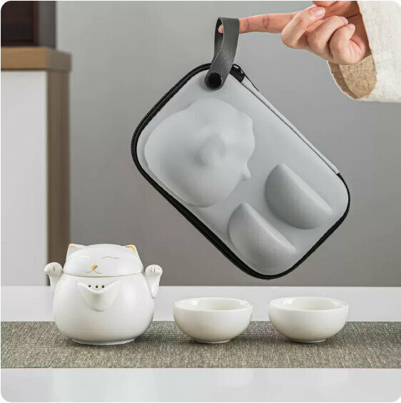 爆款戶外便攜式茶具套裝【雪白《招財貓》一壺三杯】