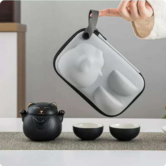 爆款戶外便攜式茶具套裝【雅黑《招財貓》一壺三杯】