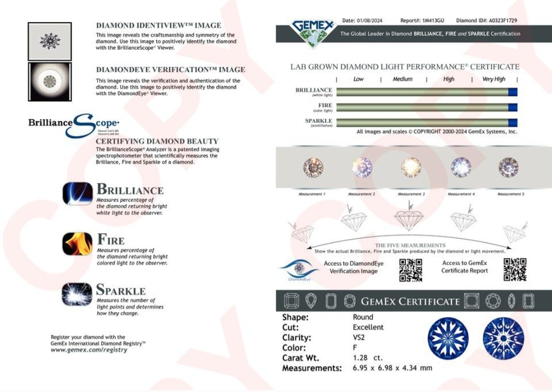 GEMEX LAB GROWN 1.28 F VS2 3EX N (HEART ARROW)