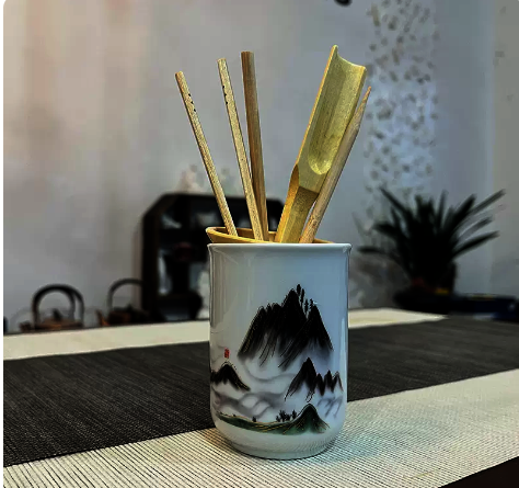 Popular ceramic tea set accessories tea ceremony bamboo six gentlemen set (landscape white porcelain straight jar)