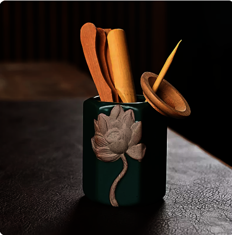 New ceramic tea set accessories tea ceremony bamboo six gentlemen set (relief lotus green) height 18CM width 7.2CM