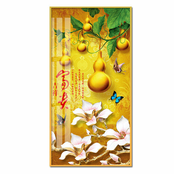 新款中式玄關裝飾畫【金色葫蘆（金色框）】尺寸【寬60*高120（推薦玄關牆面80cm以上）晶瓷面】
