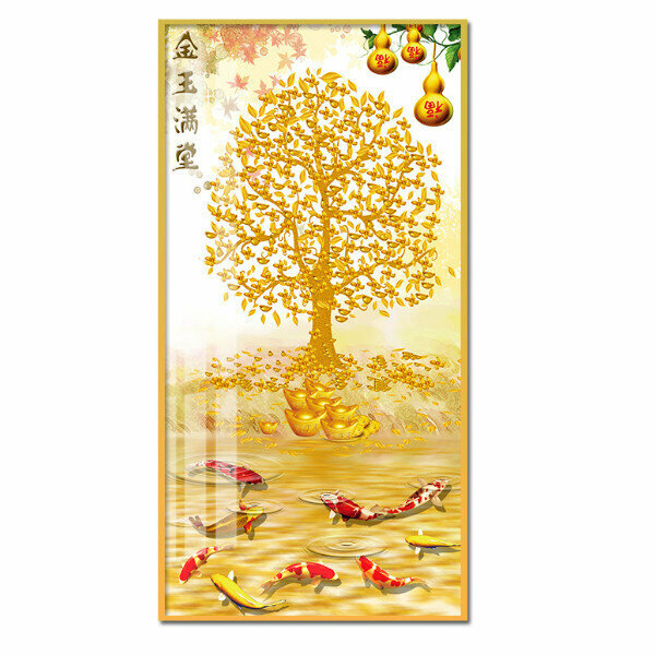 新款中式玄關裝飾畫【金玉滿堂（金色框）】尺寸【寬70*高140（推薦玄關牆面90cm以上）晶瓷面】