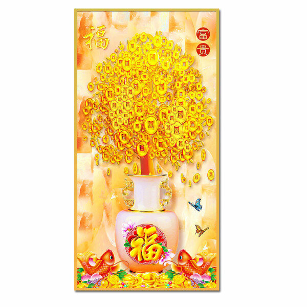 新款中式玄關裝飾畫【雙魚花瓶（金色框）】尺寸【寬90*高180（推薦玄關牆面120cm以上）晶瓷面】