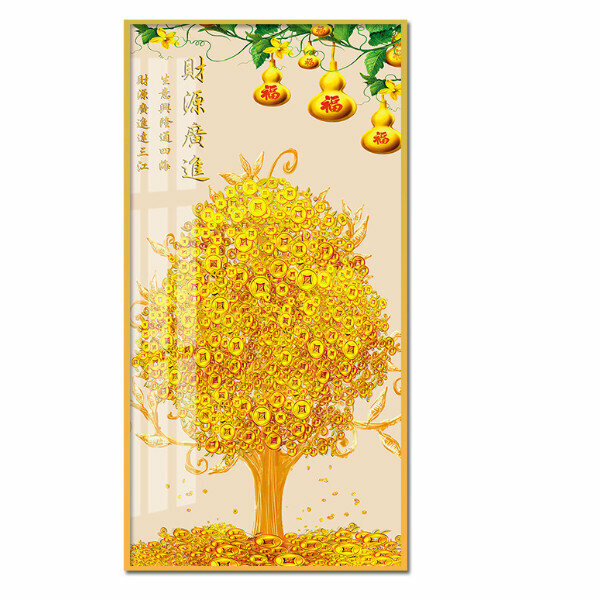 新款中式玄關裝飾畫【四季來財（金色框）】尺寸【寬60*高120（推薦玄關牆面80cm以上）晶瓷面】