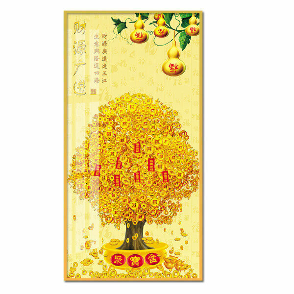 新款中式玄關裝飾畫【五福臨門（金色框）】尺寸【寬80*高160（推薦玄關牆面110cm以上）晶瓷面】