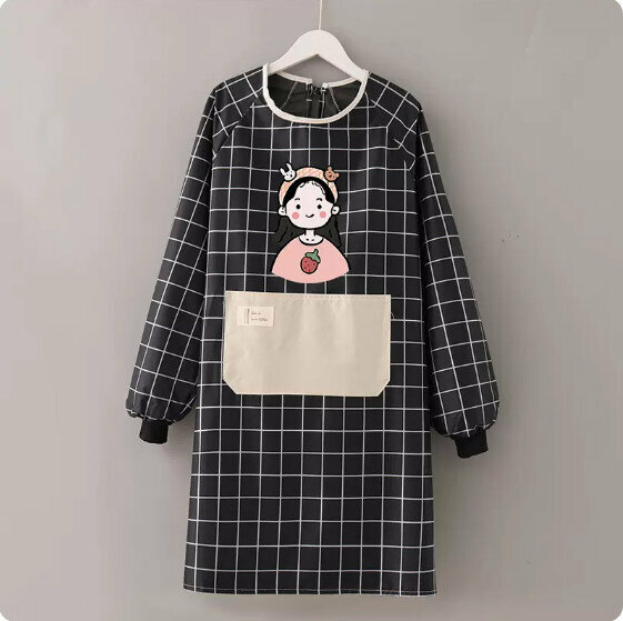 新款長袖時尚圍裙【防水長袖圍裙草莓女黑格】【規格：95*105CM】