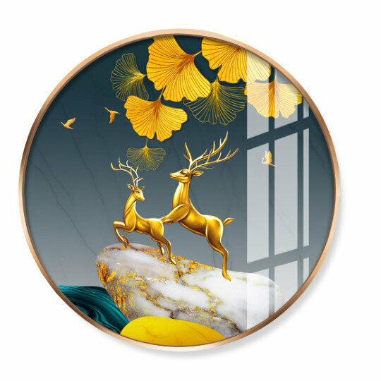 新款圓形玄關裝飾畫【C款 （金色框）】尺寸【直徑60*60cm烤瓷平面】