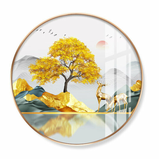 新款圓形玄關裝飾畫【E款 （金色框）】尺寸【直徑80*80cm烤瓷平面】