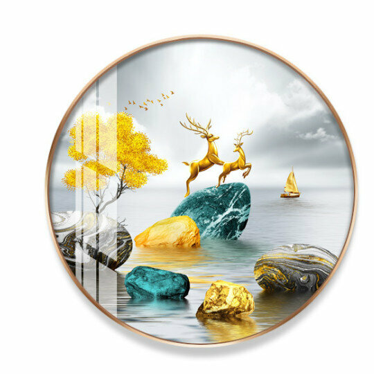 新款圓形玄關裝飾畫【K款（金色框）】尺寸【直徑60*60cm烤瓷平面】