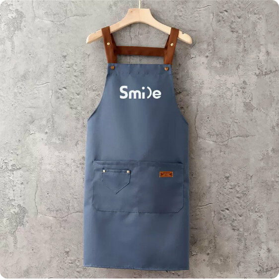 新款圍裙【防潑水咖帶釘兜背帶煙藍色smile】【規格：70*74CM】