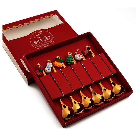 New Santa Claus gift box with forks and spoons (six gold spoons with Christmas pendants)