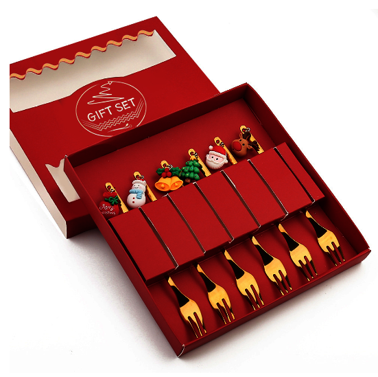 New Santa Claus fork and spoon gift box (six gold forks with Christmas pendants)