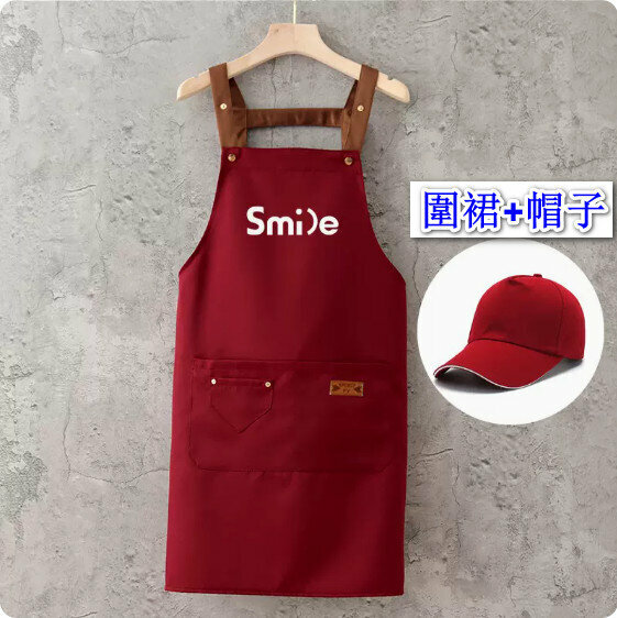 新款圍裙【防潑水咖帶釘兜背帶酒紅mile+帽子】【規格：70*74CM】