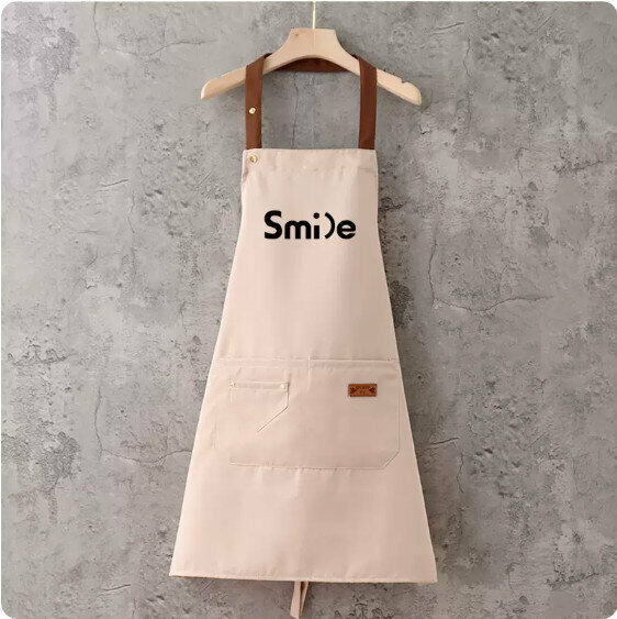 新款圍裙【防潑水咖帶釘兜掛脖米色smile】【規格：68*74CM】