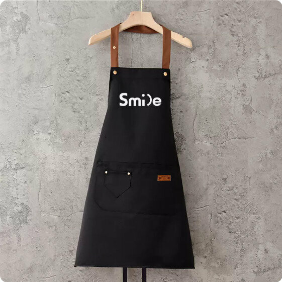 新款圍裙【防潑水咖帶釘兜掛脖黑色smile】【規格：68*74CM】