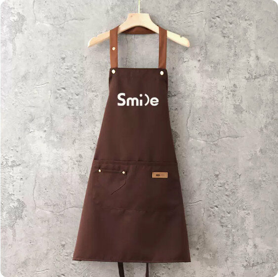 新款圍裙【防潑水咖帶釘兜掛脖咖色smile】【規格：68*74CM】