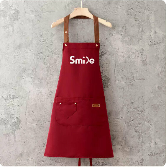 新款圍裙【防潑水咖帶釘兜掛脖酒紅smile】【規格：68*74CM】