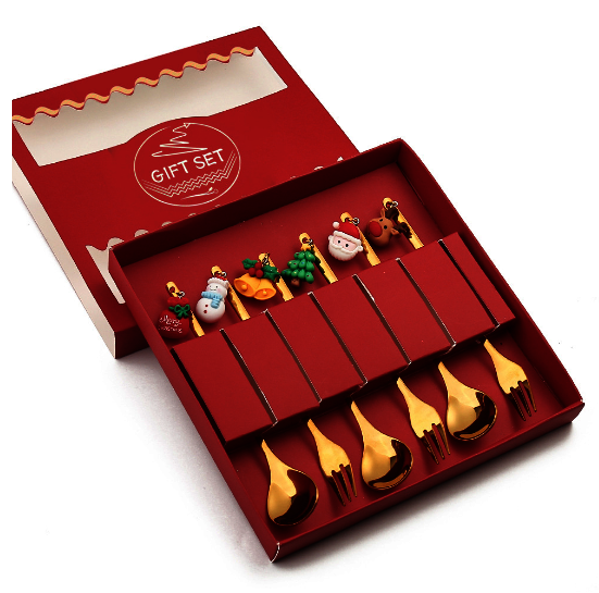 New Santa Claus fork and spoon gift box (six gold spoons and forks with Christmas pendants)