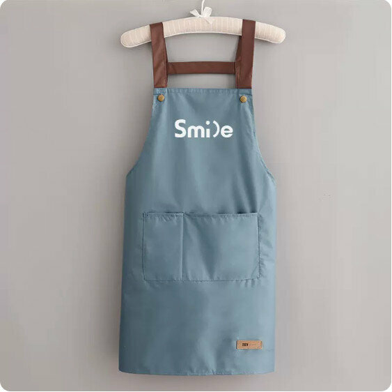 新款圍裙【釘扣背帶防水純煙藍smile】【規格：70*74CM】