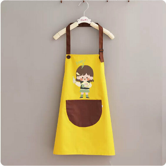 熱賣兒童圍裙【兒童掛脖黃配咖女孩刷碗小碼】【規格：50*45CM】