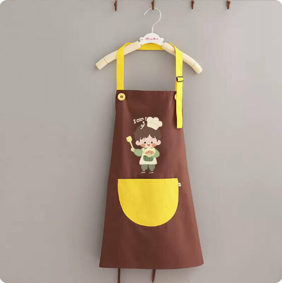 熱賣兒童圍裙【兒童掛脖咖配黃男孩做飯小碼】【規格：50*45CM】
