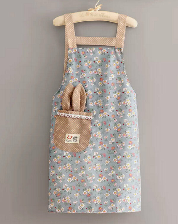 熱賣均碼工裝圍裙-帆布碎花背帶兔耳朵/藍