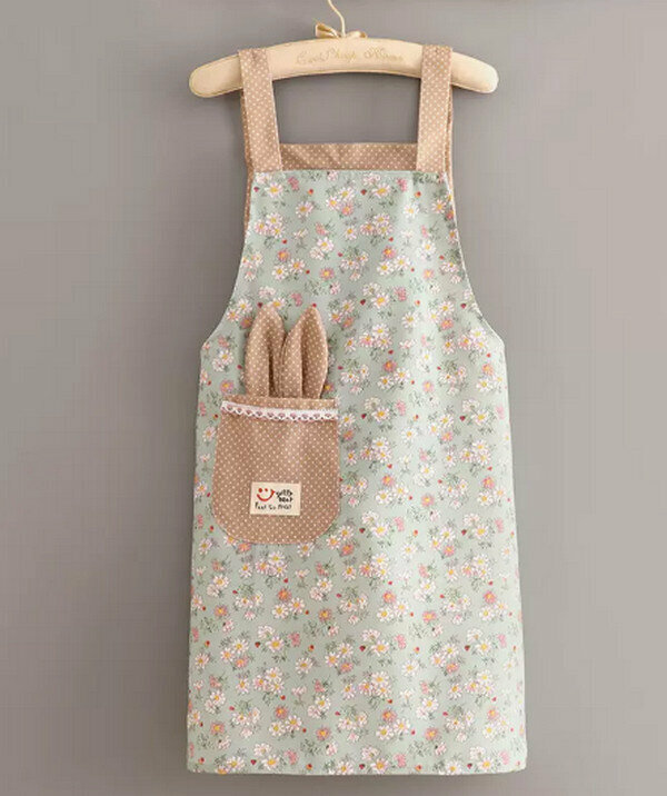 熱賣均碼工裝圍裙-帆布碎花背帶兔耳朵/綠