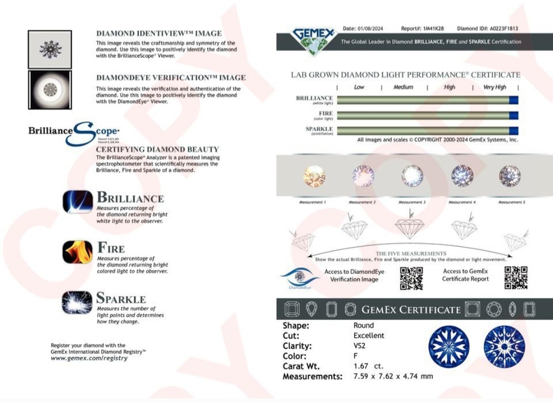 GEMEX LAB GROWN 1.67 F VS2 3EX N (HEART ARROW)