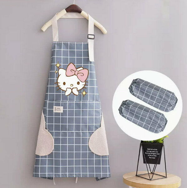 Hot selling cute cartoon waterproof and anti-fouling one-size-fits-all apron-hand-wiping halterneck waterproof bixin KT smoke blue check + sleeves