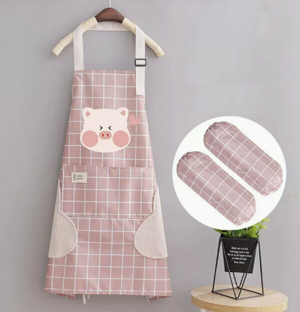 Hot selling cute cartoon waterproof and anti-fouling one-size-fits-all apron-hand-wiping halterneck waterproof bixin KT smoke powder check + sleeves
