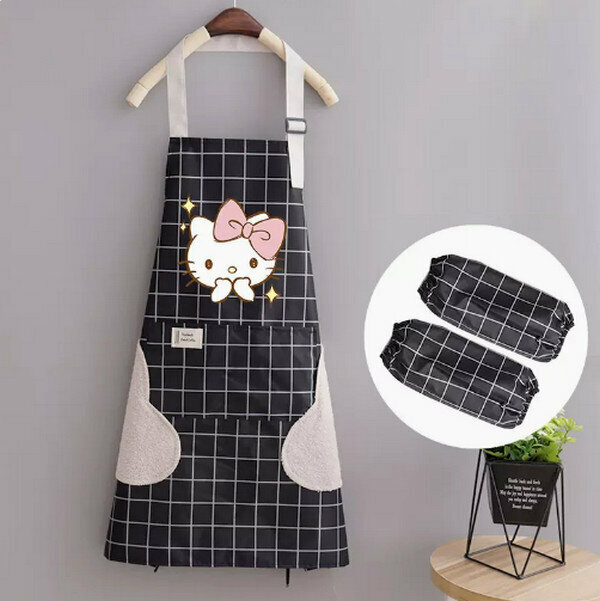 Hot selling cute cartoon waterproof and anti-fouling one-size-fits-all apron-hand-wiping halterneck waterproof bixin KT black grid + sleeves