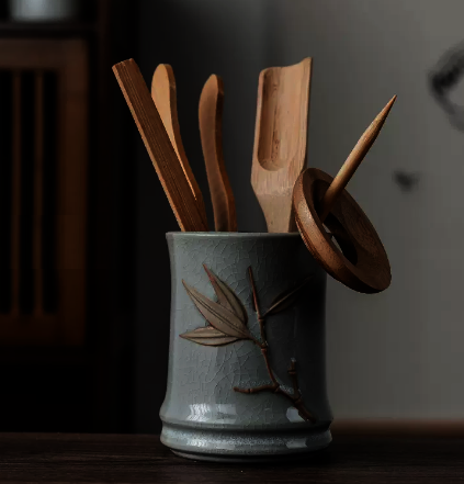 Hot Selling Ceramic Tea Set Accessories Tea Ceremony Nanzhu Six Gentlemen Set (Gray Bamboo Tube Can) Height 18CM Width 7.2CM
