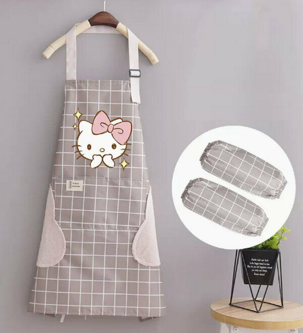 Hot selling cute cartoon waterproof and anti-fouling one-size-fits-all apron-hand-wiping halterneck waterproof bixin KT gray plaid + sleeves