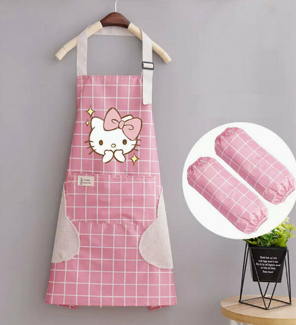 Hot selling cute cartoon waterproof and anti-fouling one-size-fits-all apron-hand-wiping halterneck waterproof bixin KT pink plaid + sleeves