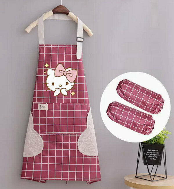 Hot selling cute cartoon waterproof and anti-fouling one-size-fits-all apron-hand-wiping halterneck waterproof bixin KT maroon check + sleeves