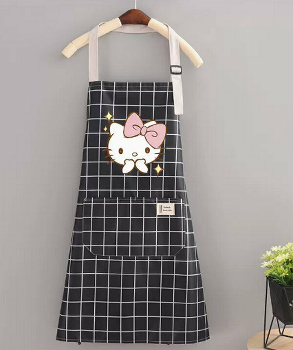 Popular cute cartoon waterproof and anti-fouling one-size-fits-all apron - halterneck waterproof than heart KT black grid