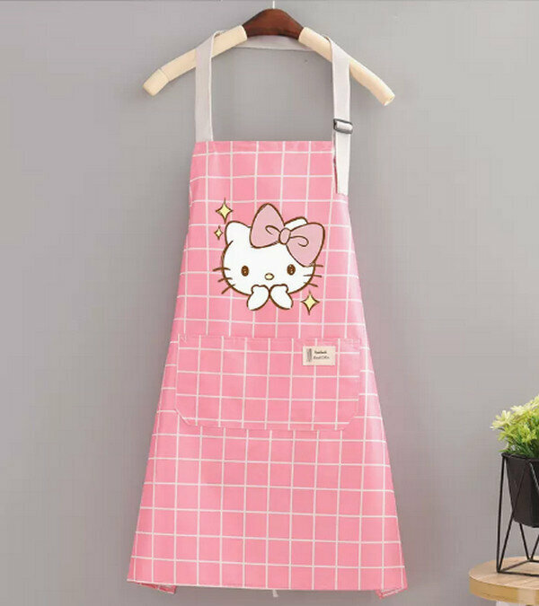 Popular cute cartoon waterproof and anti-fouling one-size-fits-all apron - halterneck waterproof bixin KT pink grid
