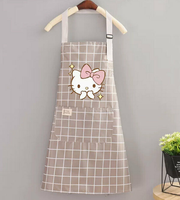 Popular cute cartoon waterproof and anti-fouling one-size-fits-all apron - halterneck waterproof bixin KT gray grid