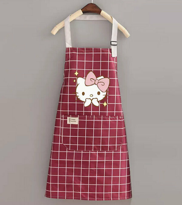 Popular cute cartoon waterproof and anti-fouling one-size-fits-all apron - halterneck waterproof bixin KT jujube red check
