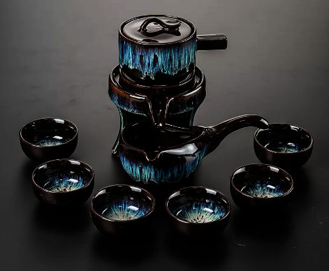 Popular ceramic lazy tea set automatic tea set 6 small cups set (Sha Jin Glaze Feixian)