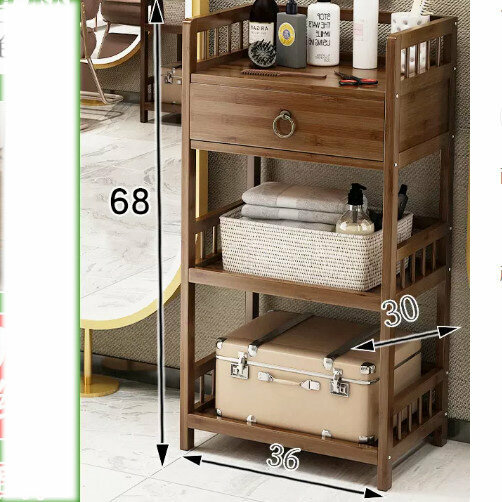 爆款木製儲物小推車置物架（3層帶抽【茶色】長35）