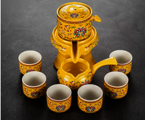 Popular ceramic lazy tea set automatic tea set 6 small cups set (Emperor Yellow Enamel Wisteria Flower)