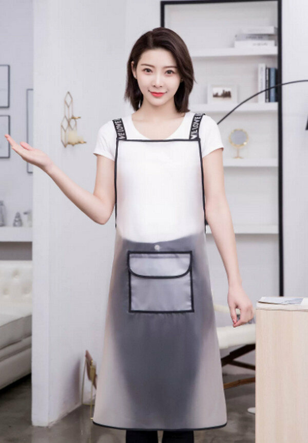 Popular transparent waterproof no-wash oil-proof apron - extended TPU straps - white with pockets