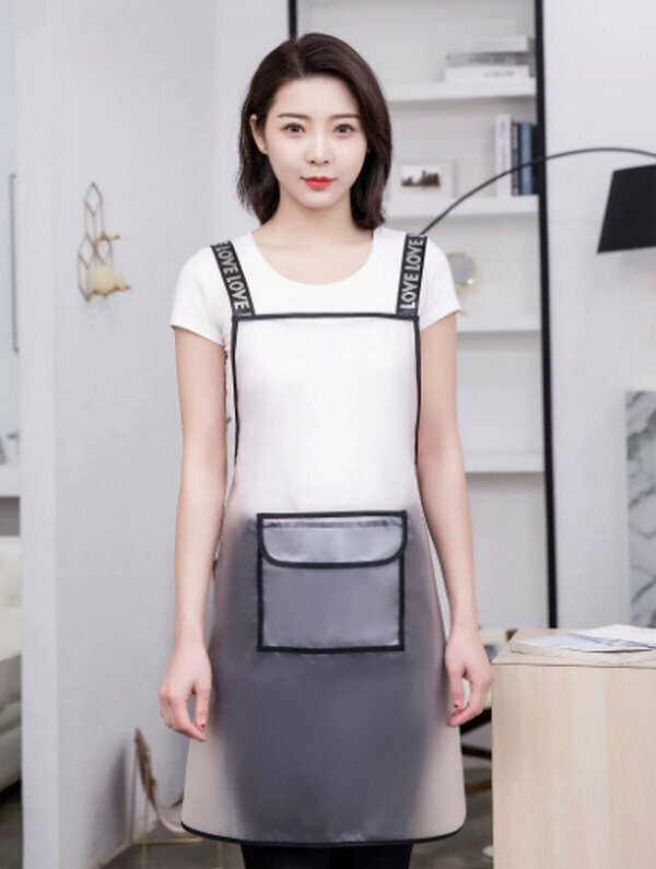 Popular transparent waterproof no-wash oil-proof apron - regular TPU straps - white with pockets
