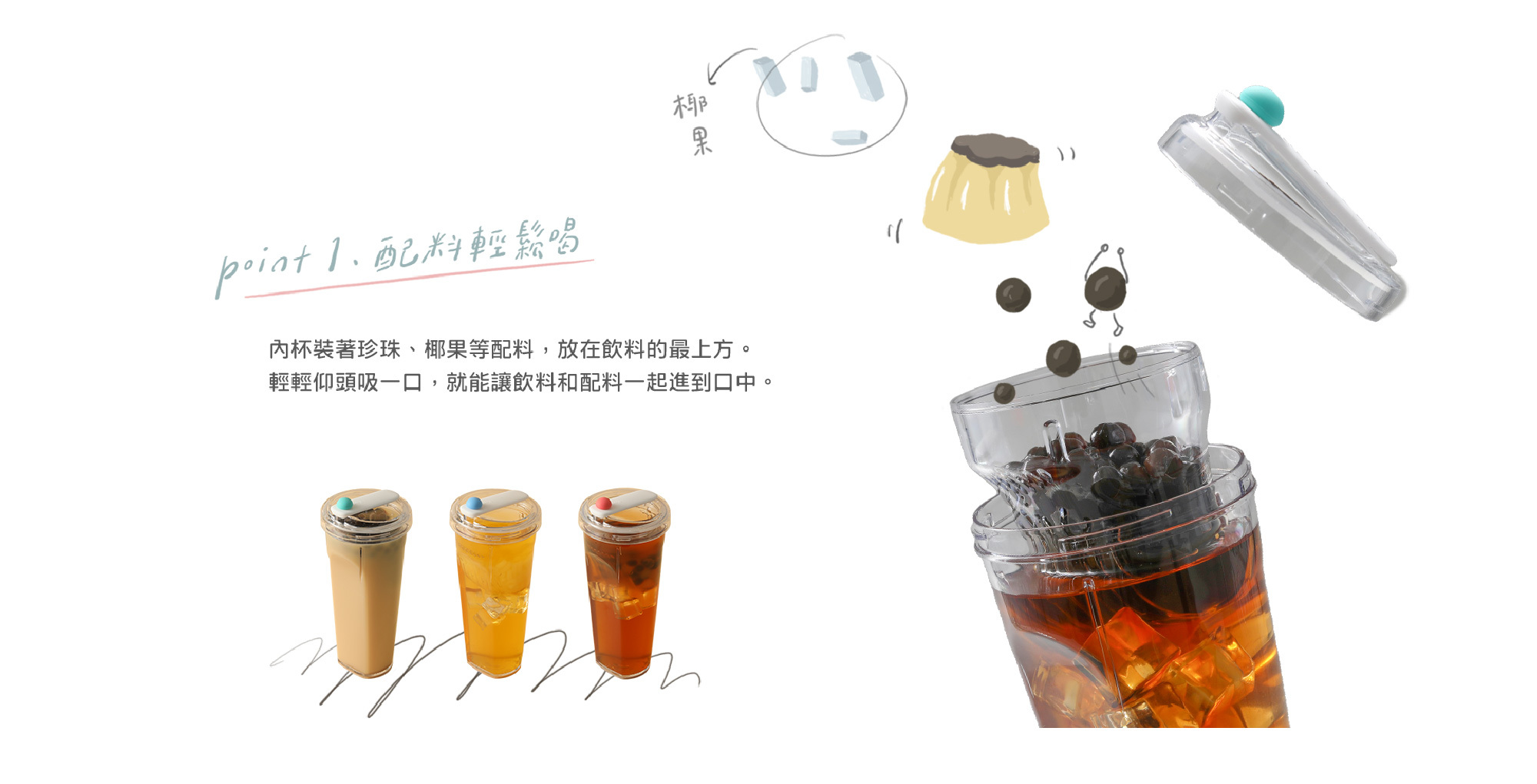 無吸管專利設計，珍珠椰果輕鬆喝